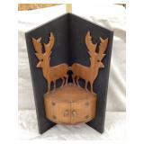 Mid-Century Wooden Corner Shelf w/ Carved Deere,