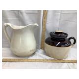 Ironstone Pitcher, 8 3/4"T & Stoneware Bean Pot
