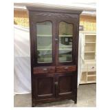 Primitive Wooden Kitchen Cupboard, Glass Doors on