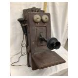 Early Oak Wall Telephone, Cranks/Rings, 23"T, 9"W
