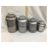 (4) Aluminum Cream Cans w/ Lids, 11"-9"-8"-6"T