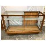Antique Wood Framed Glass Floor Showcase, Casters