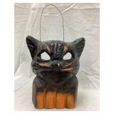 Vintage Paper Mache Black Cat on Fence Halloween