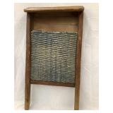 Primitive Yellow Ware w/ Blue Sponge Washboard,