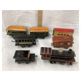 (7) Toy Train Tin Cars & Locomotive, (2) Missing