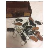 LOT, keychains, with knives, and old ads
