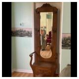 Wooden Hall Tree with Mirror and Bench