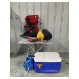 Camping Table, Gear, Cooler, and Shovel