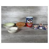 Quaker oats canister, various styles of bowls,