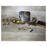 Brass Small Candle Sticks, Baskets, Tobacco Tin