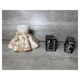 (2) Vintage Cameras and A Vintage Lamp Shade