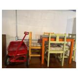 Kids Table with Chairs and Red Wagon