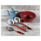 Enamelware Bowl, Ladles, Coffee Kettle