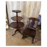 Three Tiered Table and Small Wood Rocking Chair