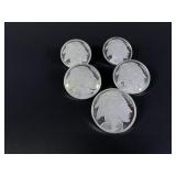 Five 1oz  .999 Fine Silver Buffalos