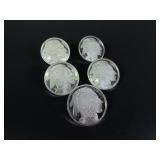 Five 1oz  .999 Fine Silver Buffalos