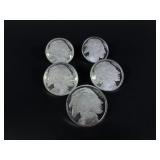 Five 1oz  .999 Fine Silver Buffalos