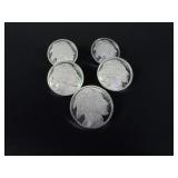 Five 1oz  .999 Fine Silver Buffalos