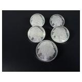 Five 1oz  .999 Fine Silver Buffalos