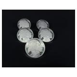 Five 1oz  .999 Fine Silver Buffalos
