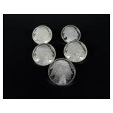 Five 1oz  .999 Fine Silver Buffalos