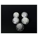 Five 1oz  .999 Fine Silver Buffalos