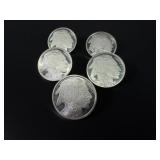 Five 1oz  .999 Fine Silver Buffalos