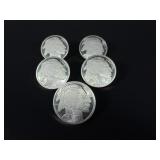 Five 1oz  .999 Fine Silver Buffalos