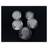 Five 1oz  .999 Fine Silver Buffalos
