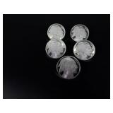 Five 1oz  .999 Fine Silver Buffalos