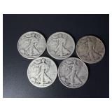 5 Walking Liberty Half Dollars