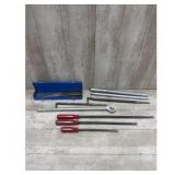 Blue Tool Lot w Box, Pry Bars & Ratchet