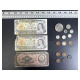 Canadian Bills and Coins with 1800s U.S. One Cent