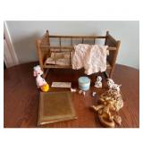 Brown Vintage Doll Crib with Bedding Decor
