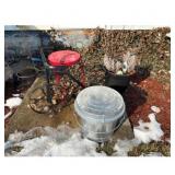 Metal Trash Can with Lid and Metal Yard Tricycle f