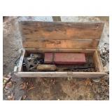 Vintage Wood Tool Box w Tools  Chain