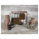 Vintage magazine rack with owl statues