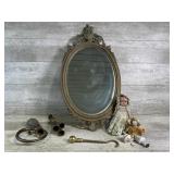 Mirror, Vintage Horns, Dolls, Brass Fireplace Hook