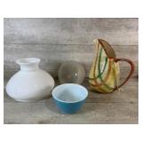 Lamp shades, Pyrex Bowl, and Pitcher