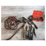 Jumper cables, pry bar, fencing pliers