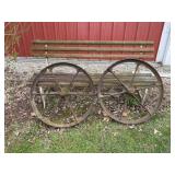2-Wagon Wheels And Cast Iron Framed Bench