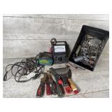 Battery charger, scrapers, bolts