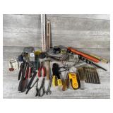 Auger bits, pliers measuring tape