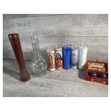 Decanter, wooden bobbin, stress balls