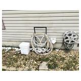Hose Reel, Hose Holder, and scrub brushes