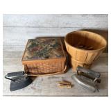 Sewing Basket, Irons, Clothespins