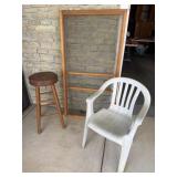 Stool, Plastic Chair, Screen