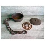 Number eight Dutch oven and vintage chain