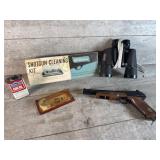 BB gun, binoculars, shotgun cleaning kit