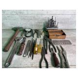 Hammer drill, bits adjustable wrench pliers lot